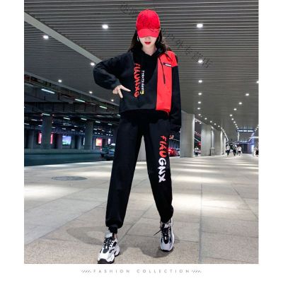 珂卡慕(KEKAMU)设计师品牌女装潮牌春装2020秋新款宽松港味BF休闲街舞曳步舞卫衣两件套女嘻哈棉套装女图色