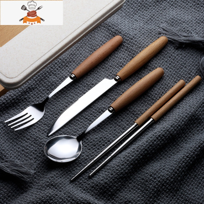 日式木柄304不锈钢刀叉勺筷餐具套装便携西餐牛排刀叉勺餐具家用 敬平 刀叉勺筷子四件套