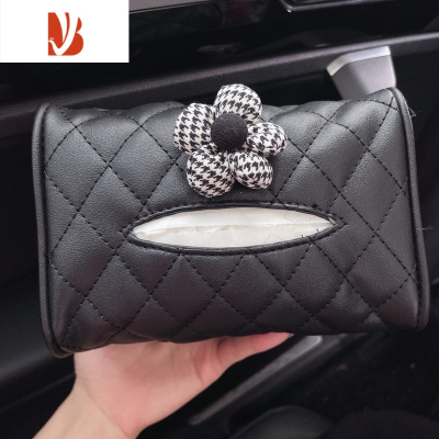 三维工匠网红车用品车载可爱女款挂式多遮阳板扶手箱卡通抽纸袋 皮黑纸巾盒[千鸟格花朵]