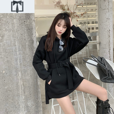 SUNTEK2020新款设计感韩版宽松连帽套头长袖开叉上衣腰带显瘦卫衣女秋冬卫衣