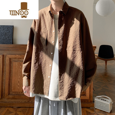 YANXU咖色长袖衬衫男款2023日系cityboy少年感穿搭肌理感工装衬衣外套