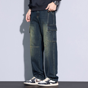 四季美式工装牛仔裤男生新款多口袋复古怀旧宽松潮牌直筒长裤高街