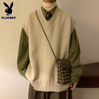 花花公子V领毛衣马甲男秋冬季日系男生学院风圆领针织衫背心外套