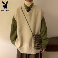 花花公子V领毛衣马甲男秋冬季日系男生学院风圆领针织衫背心外套