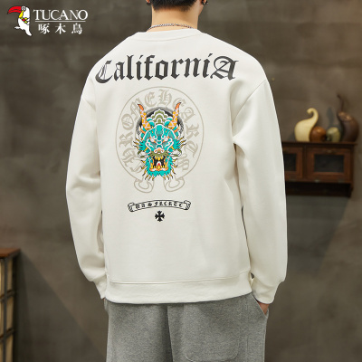 啄木鸟长袖卫衣男士秋季新款美式圆领潮牌宽松印花长袖打底衫上衣