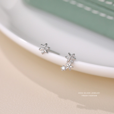 森系小清新花朵耳钉女s925纯银简约百搭养耳洞学生不对称耳饰批发送女朋友老婆情人节七夕生日礼物