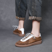 头层牛皮复古拼色板鞋女四季春秋新款圆头系带舒适百搭休闲单鞋