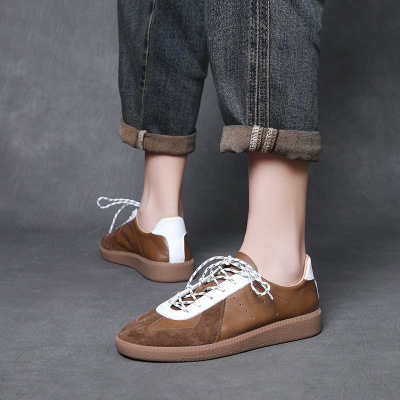 头层牛皮复古拼色板鞋女四季春秋新款圆头系带舒适百搭休闲单鞋