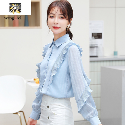 暖青汇2020年秋装新款娃娃领上衣荷叶边雪纺衬衫女装长袖设计感小众衬衣蕾丝衫