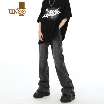 YANXUMaxDstr 美式侧边拉链开叉牛仔裤男宽松直筒潮牌微喇叭黄泥长裤子