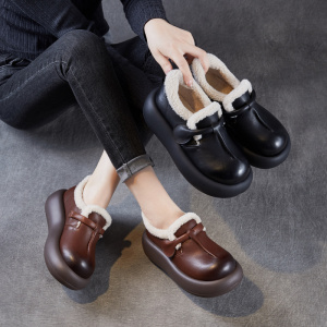 头层牛皮复古加棉单鞋女秋冬新款松糕厚底增高圆头羊毛垫鞋子