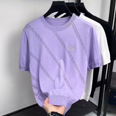 老钱风冰丝伊力特针织短袖男T恤2026夏季新款圆领刺绣休闲男士T恤