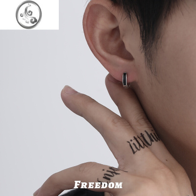 JiMiS925银耳环男光面黑色小众设计感简约小耳圈耳饰独特滴胶银银耳扣
