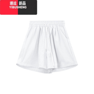 YIBUSHENG白色松紧腰抽绳运动裤休闲裤女季宽松阔腿裤简约百搭显瘦短裤子