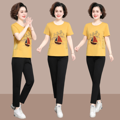妈妈夏装短袖t恤2021新款中老年人绣花上衣两件套大码运动套装女