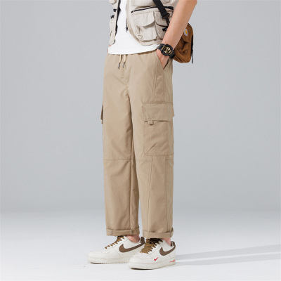 男士宽松锥形休闲裤浅灰抽绳设计裤立体拼接春夏透气通勤裤