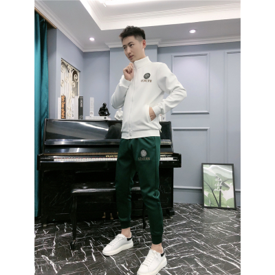 HLCOMAN秋季新款立领修身外套夹克休闲小脚裤两件套刺绣图案休闲运动套装套装