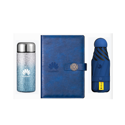 办公用品盒装国潮扣平装A5笔记本蓝色覆钛口袋杯300ML雨伞蓝色三件套配6B