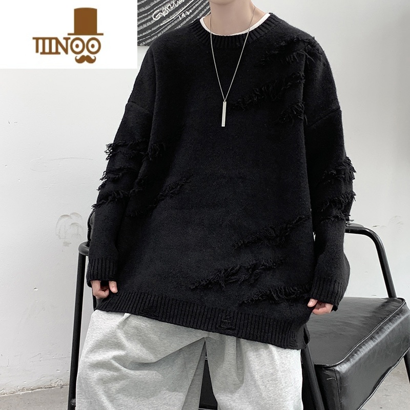 YANXU破洞毛衣男宽松潮流日系复古百搭休闲下摆开叉针织衫线衣外套外穿