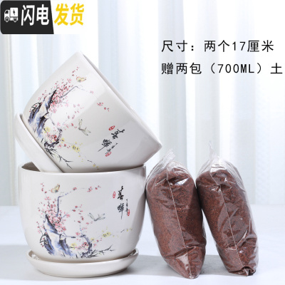 三维工匠花盆陶瓷带托盘一组两个大号盆带土简约家用绿萝多肉花盆 79093两个大+土2包 大花盆容器