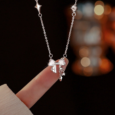 s925纯银蝴蝶结项链女小众设计感锁骨链2024新款轻奢颈链批发送女朋友老婆情人节七夕生日礼物