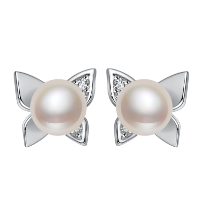 佰色传情（BRIR）S925纯银镶淡水珍珠耳饰银耳饰蝴蝶白色