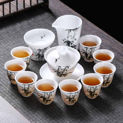 MULTIPOTENT整套功夫茶具套组手绘中国白羊脂玉瓷陶瓷茶具套装精美礼盒装墨竹