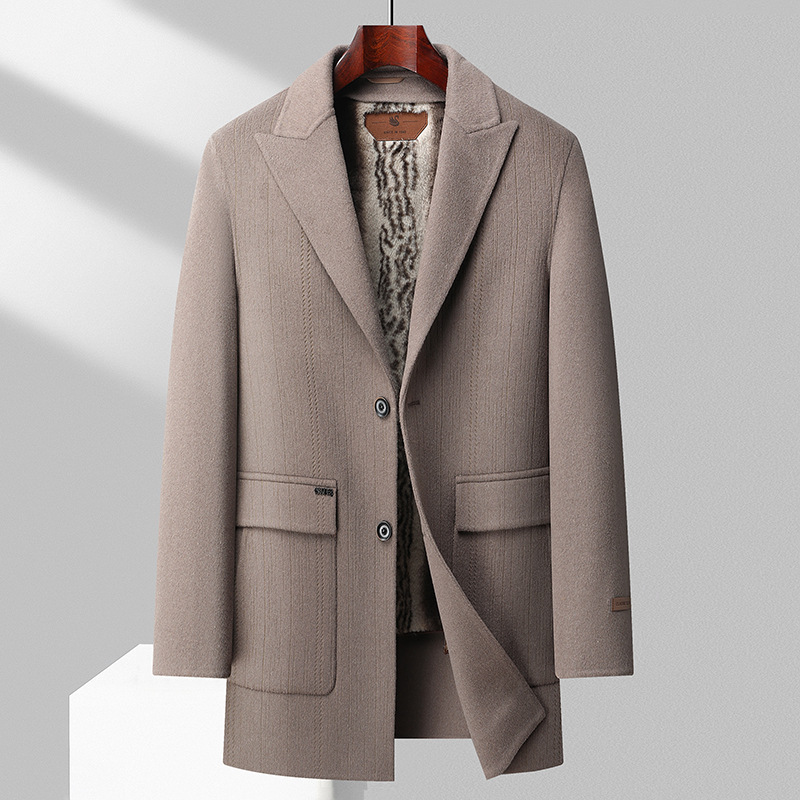 手工缝制秋冬烧花工艺100%羊毛双面尼大衣男士脱卸鹅绒内胆呢大衣