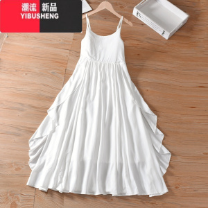 YIBUSHENG赵丽颖同款白胚可扎染连衣裙季收腰显瘦仙荷叶边绵绸吊带长裙 白色收腰荷叶边宽摆裙 M参考体重130斤内