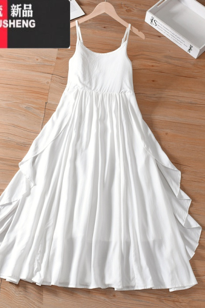 YIBUSHENG赵丽颖同款白胚可扎染连衣裙季收腰显瘦仙荷叶边绵绸吊带长裙