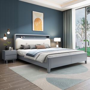 欧梵森 床 北欧橡胶木双人床主卧床1.5米日式实木床1.8米小户型家用夜灯现代简约轻奢卧室组合婚床套装储物床卧室家具