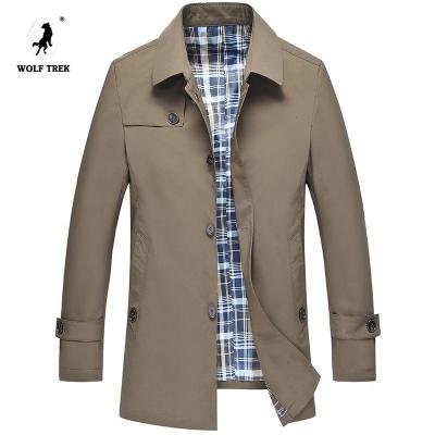 七匹狼国际公司授权WOLFTREK-男装2021春季新款风衣男中长款男士休闲翻领纯色外套单排扣-