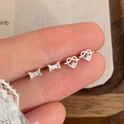 纯银蝴蝶结爱心耳钉养耳洞睡觉免摘耳饰女款独特高级耳骨钉送女朋友老婆情人节七夕生日礼物