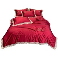 美帮汇简约夏季床单四件套床笠 冰丝被罩现代北欧风被套床上三件套 大红