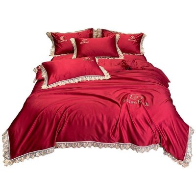 美帮汇简约夏季床单四件套床笠 冰丝被罩现代北欧风被套床上三件套 大红