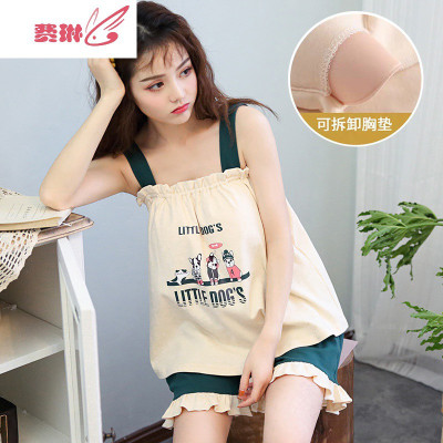夏季睡衣女自带胸垫吊带两件套韩版可爱家居服可外穿费琳