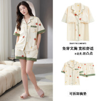 100%全棉带胸垫睡衣女2025新款夏季纯棉短袖休闲家居服女士套装