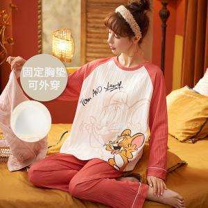 可外穿睡衣女士秋冬季棉质长袖长裤带胸垫卡通宽松青年家居服套装