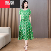 YIBUSHENG新款洋气棉绸连衣裙女季时尚收腰显瘦圆领中老年人造棉印花裙子