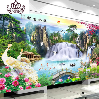 封后十字绣2020新款自己手工线绣客厅大幅流水生财风景山水画大气满绣大格四股绣237*100厘米棉线印花