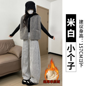 灰色毛呢裤女秋冬季加绒新款雪尼尔休闲小个子窄版阔腿裤_873_62