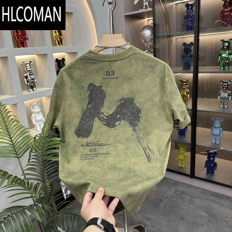 HLCOMAN2025夏季新款水洗印花字母短袖t恤男韩版潮流ins休闲百搭上衣