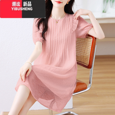 YIBUSHENG2024年新款季大码女装胖mm减龄薄纱短袖圆领纯色显瘦洋气连衣裙