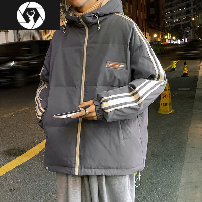 HongZun短款羽绒棉衣男冬季加厚bf潮流宽松韩版连帽棉服休闲百搭条纹外套棉衣
