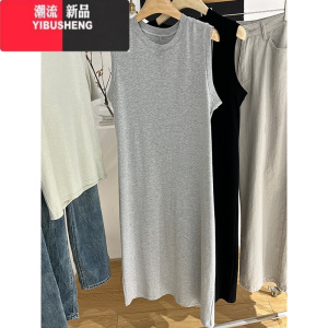 YIBUSHENG灰色背心t恤裙女中长款宽松休闲显瘦外穿无袖连衣裙直筒打底裙