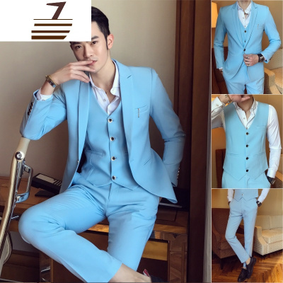 NEWLAKE2018秋季青年商务正装西服套装男主持婚礼服天蓝色修身西装三件套