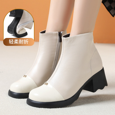 25秋冬厚底马丁靴女防滑女靴真皮圆头皮靴女粗跟舒适复古中筒棉靴