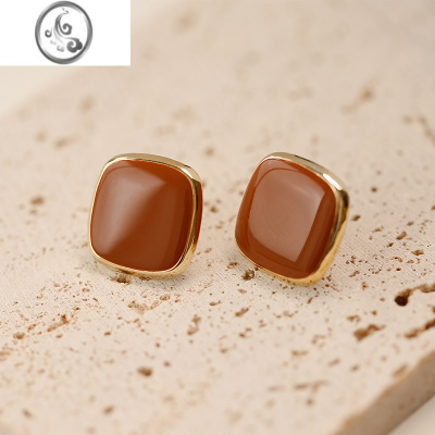 JiMi法式高级方形耳钉女小众设计感耳夹复古气质耳环银耳饰2023新款潮