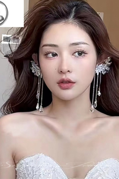 JiMi2022新款新娘礼服耳环配婚纱耳挂头饰气质流苏无耳洞耳饰高级感