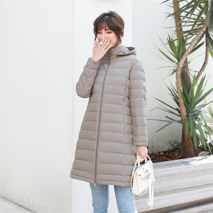 女式90绒女装连帽带帽无缝压胶羽绒服新款中长款大码外套